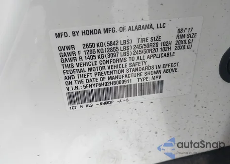 2017 Honda Pilot Elite from USA, damaged, VIN 5FNYF6H02HB069911